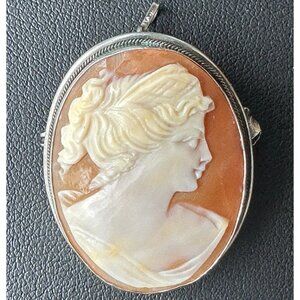 VTG Cameo Shell Pendant Brooch‎ 1 3/8" Victorian Lady 800 Fine Silver Italy MCM